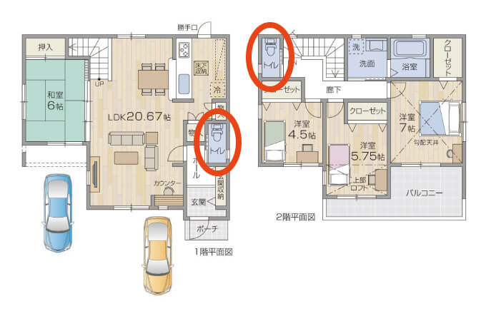 一階と二階にトイレが設置されている家の図面